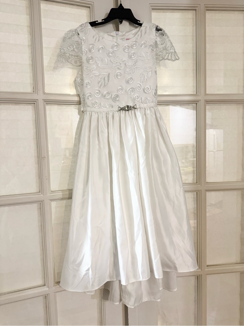 White Lace Bodice Girls' Formal Dress with Jewel Waist Accent